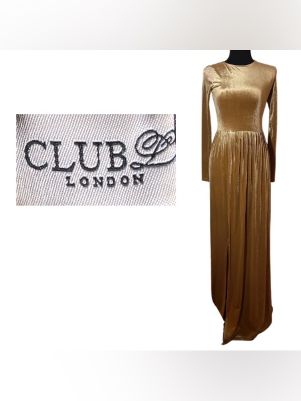 Club L London Metallic Gold Velvet Maxi Dress with Long Sleeves